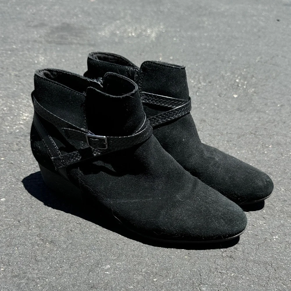 Clarks Black Suede Ankle Booties with Wrap Strap